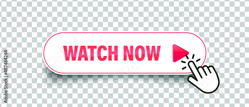 Watch now with cursor hand in flat vector button. Video play icon isolated on transparent background.