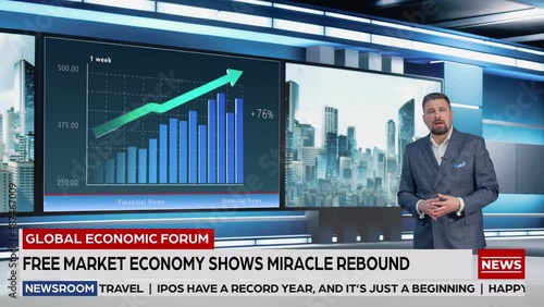 Talk Show TV Program: Professional Expert Standing in Newsroom Studio, Uses Big Screen with Stock Market Data to Analyze Record Growth and Success. Achor, Host Talks. Playback Mock-up Cable Channel photo