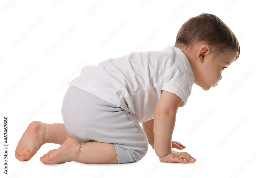 Cute little baby crawling on white background Cute little baby crawling on white background