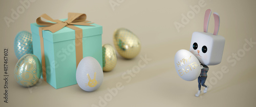 3d illustration.Easter bunny Rabbit holding egg . Web banner format