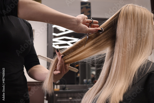 Professional hairdresser cutting woman's hair in salon, closeup photo