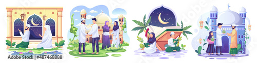 Set of Ramadan concept illustration. Happy Muslim people celebrate Holy Month Ramadan, Read Qur'an, Zakat charity, Eid Mubarak greeting. vector illustration