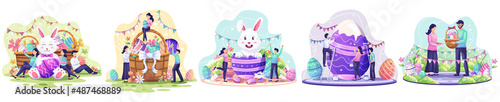 Set of Happy Easter day. People Celebrate Easter day with bunnies, baskets full of easter eggs, flowers, and decorations. vector illustration