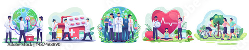 Set of World Health Day concept with Group of staff medical doctors and nurses, people living healthy, couple jogging, cycling, yoga, vector illustration