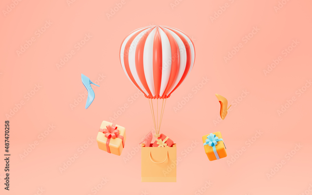 Hot air balloon and gifts with pink background, 3d rendering. Hot air balloon and gifts with pink background, 3d rendering.
