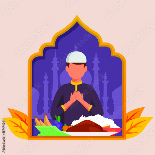 A young boy praying to God at iftar time, getting ready to eat iftar food. Ramadan kareem fasting month concept. Vector colorful illustration.