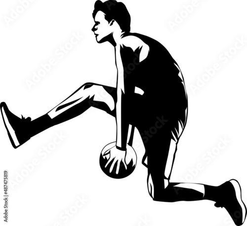 a silhouette illustration of a freestyle slam dunk man, white background.