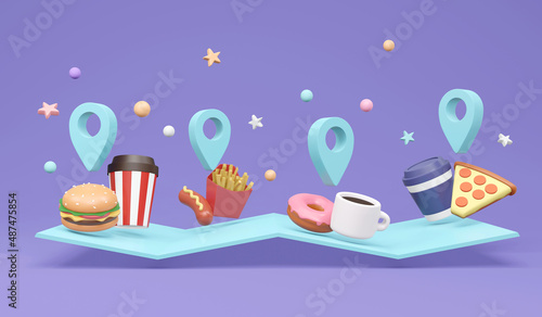 3D Rendering of food on location map concept of order food online. 3D illustration minimal cartoon style.