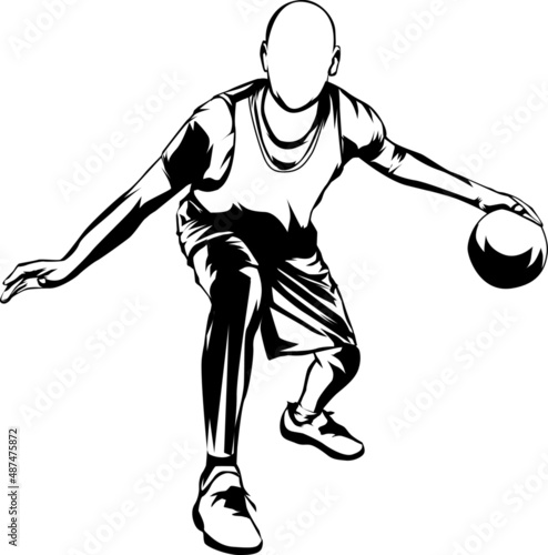 
a silhouette illustration of a bald man dribbling a ball, white background.