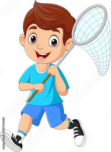 Cartoon little boy holding insect net