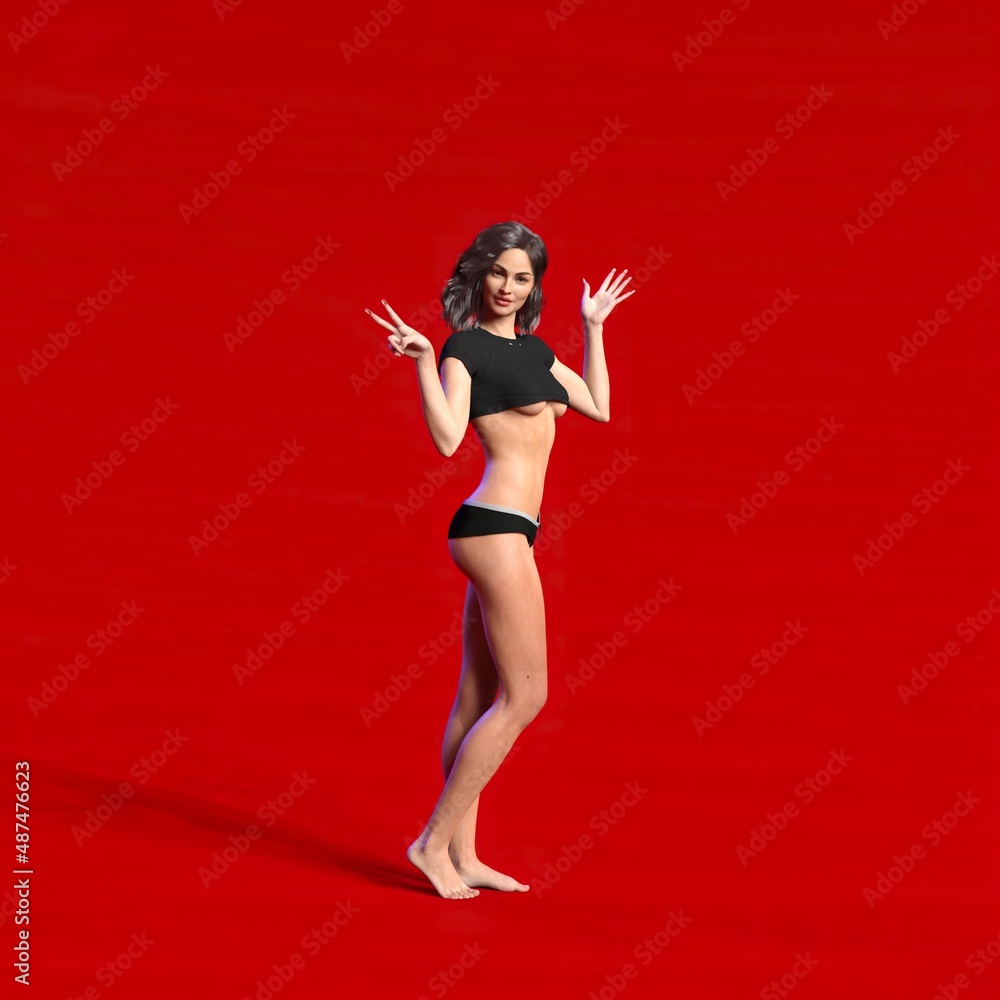 beautiful mature young in lingerie on a red background poses 3d illustration