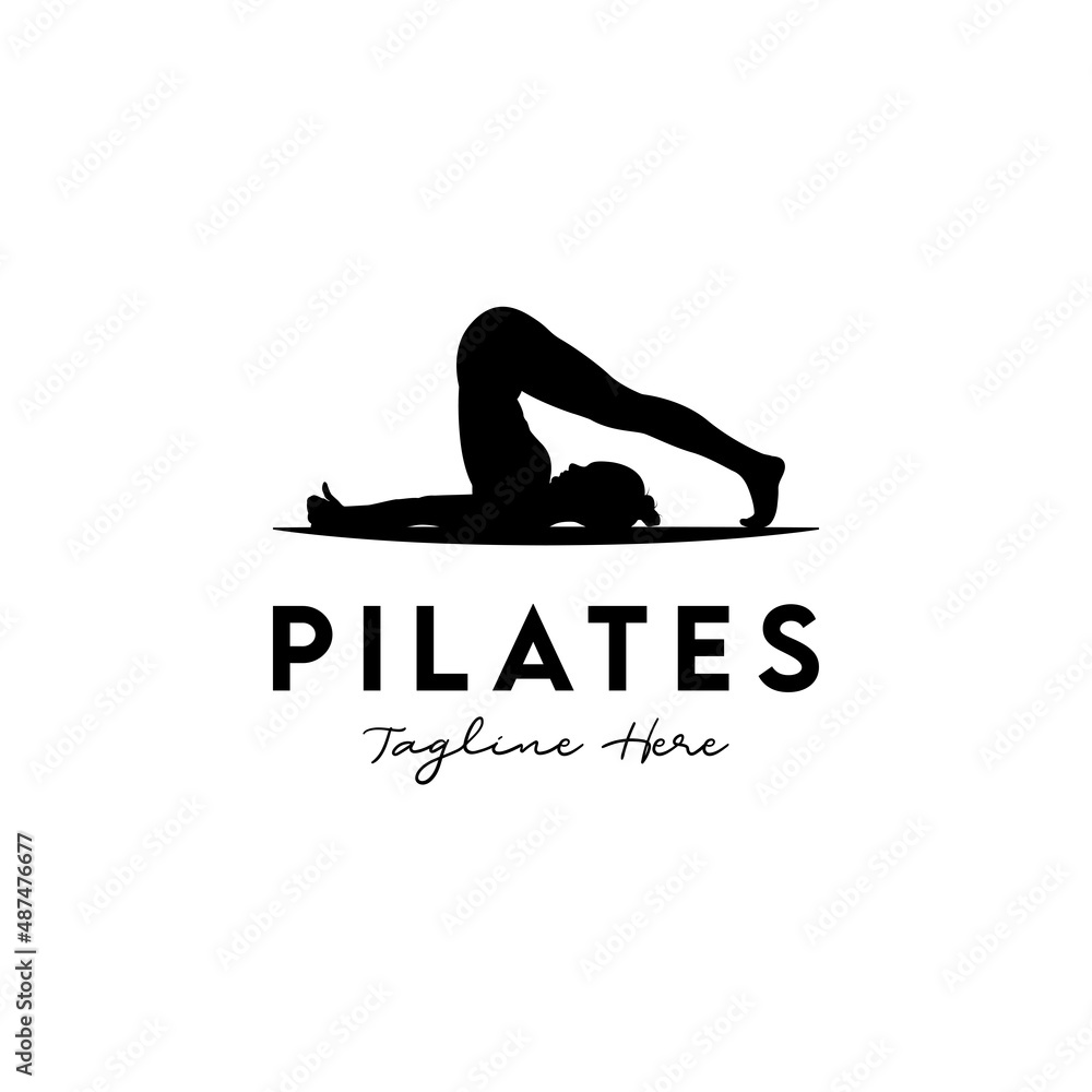 Sitting Pose Pilates Woman Silhouette, Girl with Beauty Body Hair and Face at gym logo design Sitting Pose Pilates Woman Silhouette, Girl with Beauty Body Hair and Face at gym logo design