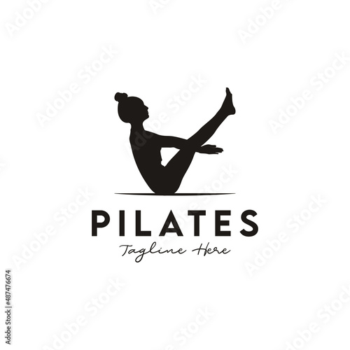 Sitting Pose Pilates Woman Silhouette, Girl with Beauty Body Hair and Face at gym logo design