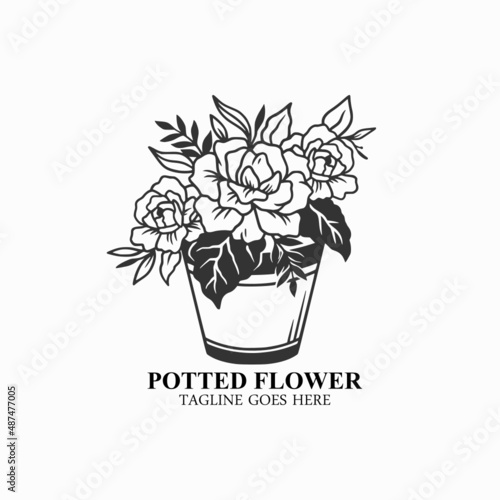 House plant logo vector  potted flower home decor  beauty flower pot illustration