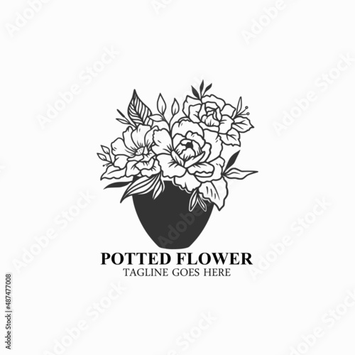 Potted flower logo, house plant vector illustration, florist design logo 