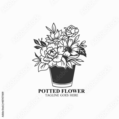 potted flower vector, florist logo illustration, potted flower icon, florist logo design 