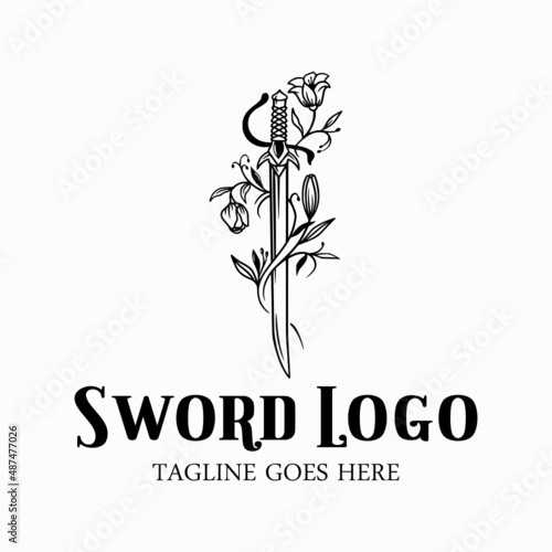 Sword with flower logo, beauty sword vector, sword icon silhouette for company