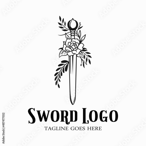 Sword icon with flower, sword logo design, sword vector illustration