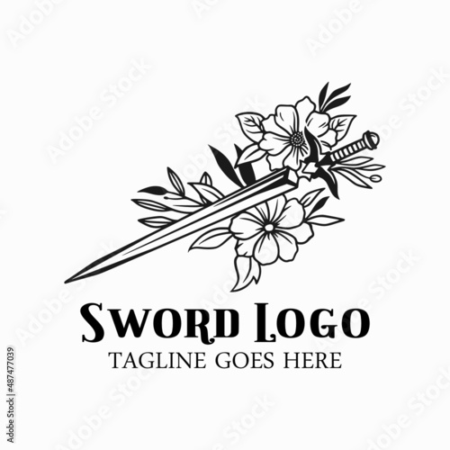 Sword logo design, sword with flower vector, sword icon illustration