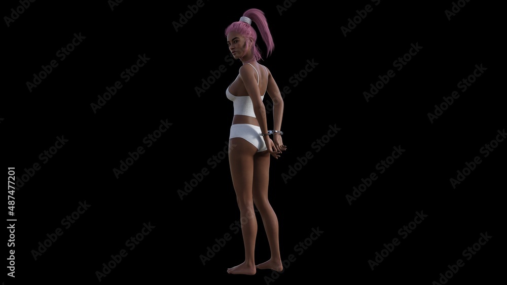 beautiful mature young woman. handcuffed by police handcuffs. Womans criminal 3d illustration