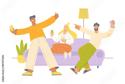 Group of happy young people playing card game at home. Night in party celebration. Flat colorful vector illustration.

