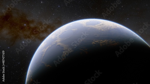 View of planet earth from space, detailed planet surface, science fiction wallpaper, cosmic landscape 3D render	