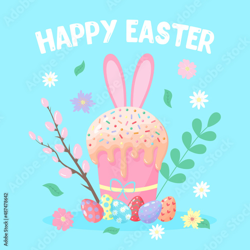 Easter cake with bunny ears, willow, painted eggs, flowers, leaves and twig. Happy Easter greeting card.