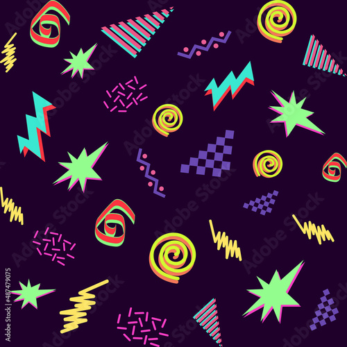 90s Nostalgia fashion vector seamlees pattern background. Cool color vintage style. Evoke 90s fashion atretic. Think bold, bright vibrant color abstract shape. Geometric element Memphis illustration photo