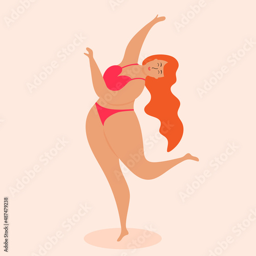 Plus size woman in swimsuit dancing. Body positive, acceptance, fitness, sport concept.