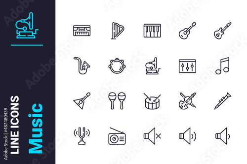 Musical instruments and symbols icons set