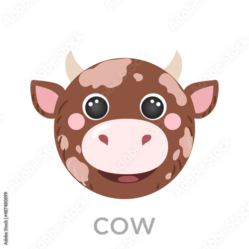Cow Cute portrait with name text smile head farm avatar cartoon round shape animal face  isolated vector icon illustrations. Flat simple hand drawn for kids poster  UI app  t-shirts  baby clothes