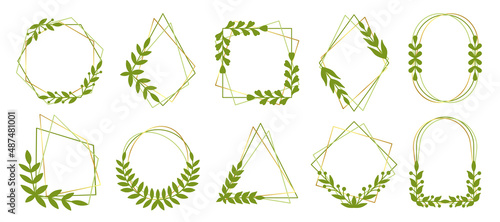 Natural gold polygonal frame leaf floral green silhouette set. Geometric vintage monogram signboard text decorative. Elegant line spring pattern stroke decor postcard botanic symbol isolated