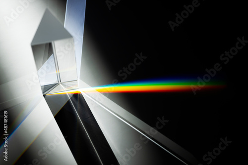 Triangular Prism dispersing sun beam splitting into a spectrum on white background photo
