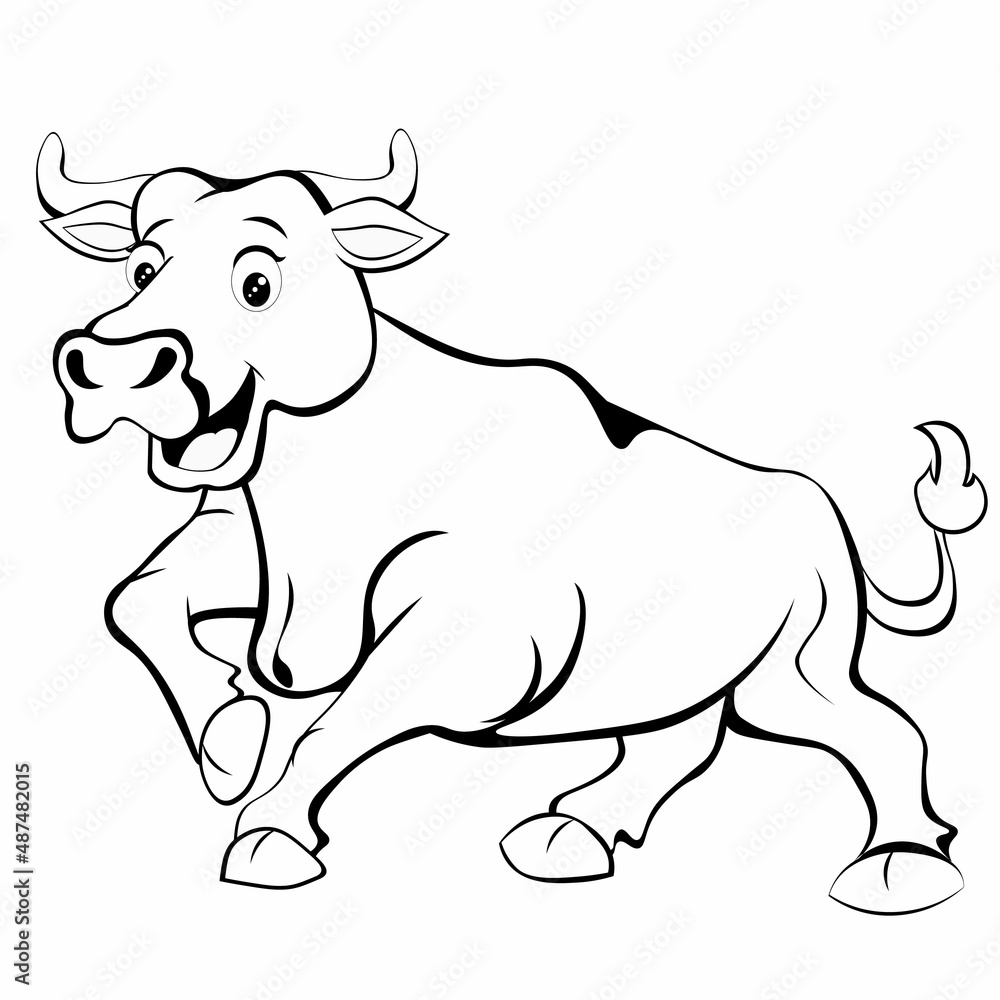 Naklejka premium Black and white drawing of a smiling bull for coloring book. Vector illustration