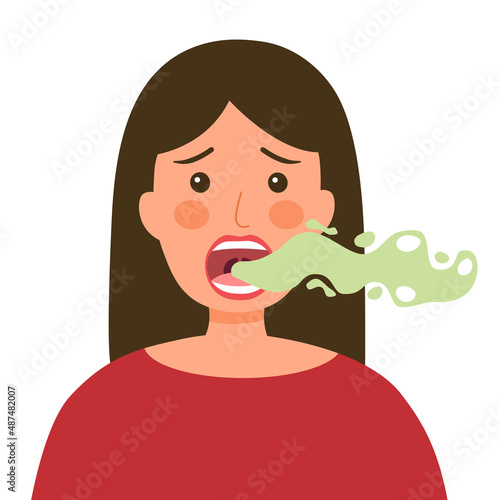 Woman with bad breath in flat design on white background. Smelly mouth concept vector illustration.