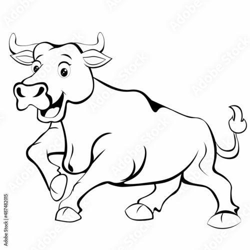 Black and white drawing of a smiling bull for coloring book. Vector illustration