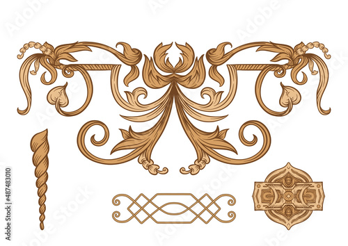 Classical luxury old fashioned royal baroque, historical ornament with lilies, victorian floral Clip art, set of elements for design Vector illustration.