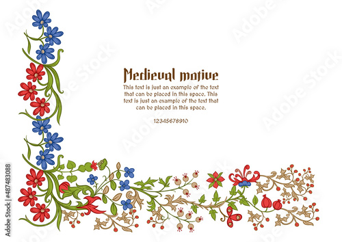Floral vintage Medieval illuminati manuscript inspiration. Romanesque style. Template for greeting card, banner, gift voucher, label. Vector illustration