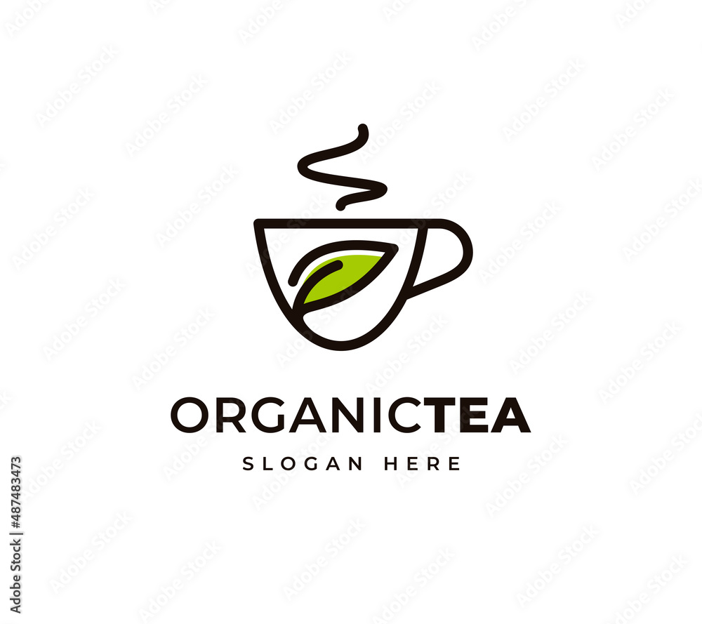 Fresh green tea leaf cup vector logo design. Health tea natural herbal logo design