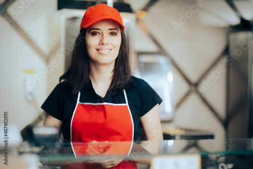Fast Food Vendor Smiling Behind the Counter