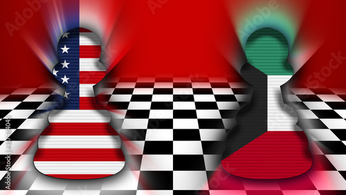 Kuwait and United States of America Flag - Chessboard and Pawn Concept – 3D Illustration