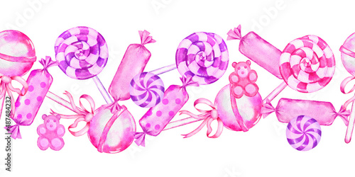 Seamless hand drawn horizontal border of pink sweet food candies lollipop chewing gum dessert party celebration. Girl birthday holiday design.