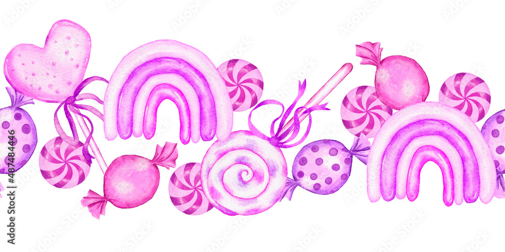 Seamless hand drawn horizontal border of pink sweet food candies lollipop chewing gum dessert party celebration. Girl birthday holiday design. Seamless hand drawn horizontal border of pink sweet food candies lollipop chewing gum dessert party celebration. Girl birthday holiday design.