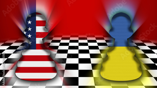 Ukraine and United States of America Flag - Chessboard and Pawn Concept – 3D Illustration