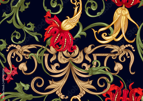 Classical luxury old fashioned royal baroque, historical ornament with lilies, victorian floral Seamless pattern, background. Vector illustration.