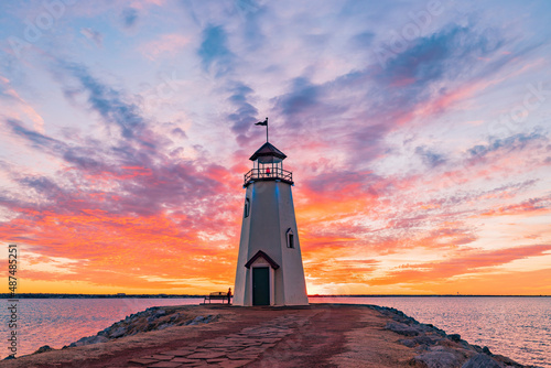 Sunset beautiful afterglow over the lighthouse of Lake Hefner