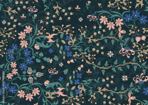 Floral vintage seamless pattern. Medieval illuminati manuscript inspiration. Design for wrapping paper, wallpaper, fabrics and fashion clothes. Vector illustration.