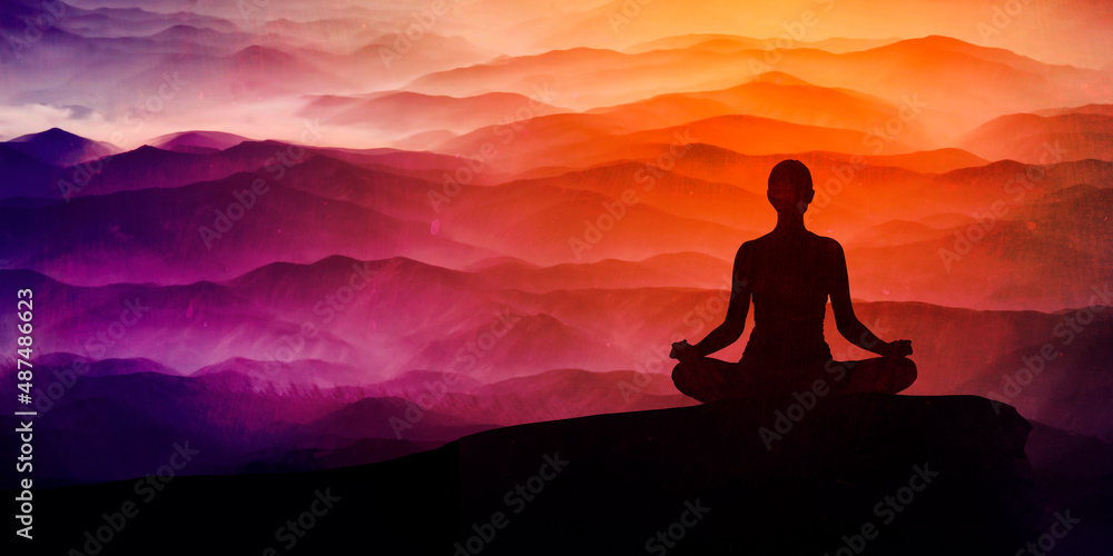 Silhouette of a women in the lotus position and space, meditation, yoga background Silhouette of a women in the lotus position and space, meditation, yoga background