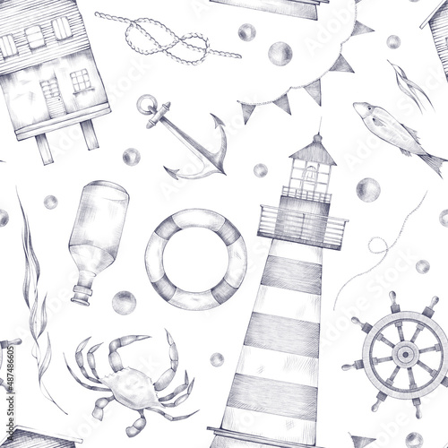 Vintage monochrome nautical seamless pattern with lighthouse, bottle, anchor, lifebuoy, wheel, seagull, crab, fish, flag, rope, pearl, knot and water plant. Pattern isolated on white background.