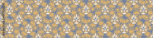 French fleur de lis royal lily seamless border. Farmhouse cottage banner. Lilies lys flower flourish motif rustic damask.